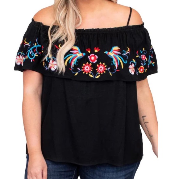 Savanna Jane Off‎ the Shoulder Blouse Plus Sz 3x Black Embroidered Floral Boho - Picture 1 of 14